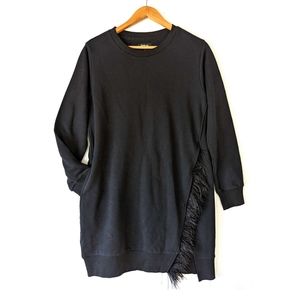 IZZUE crossover fringe sweatshirt style black tunic dress